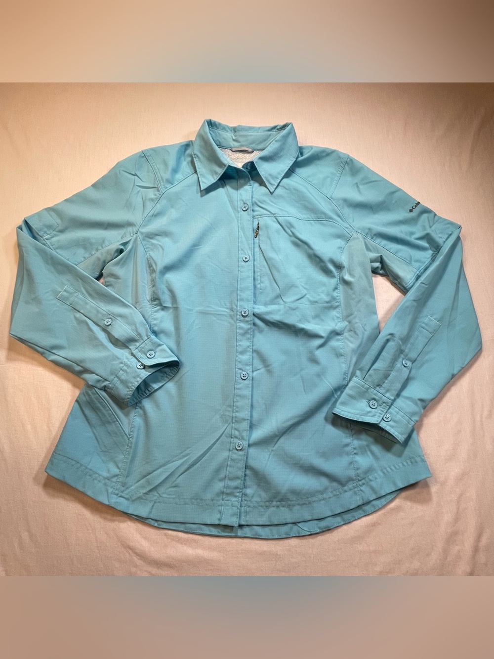 Columbia Women's M Shirt Blue Roll-Tab Vented Nylon Blend Hiking Fishing Beach